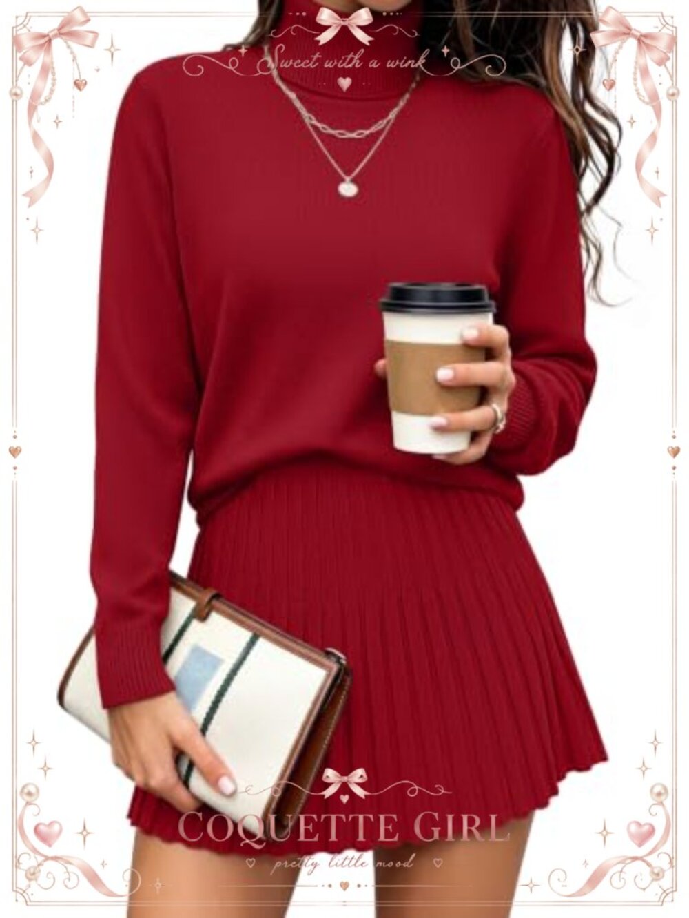 Turtleneck Sweater and Pleated Mini Skirt Set 2 Piece Knit Outfit